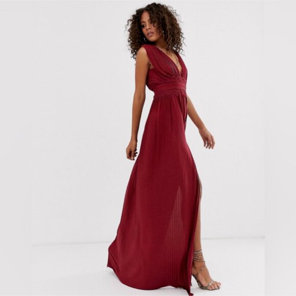 ASOS Burgundy Lace Insert Pleated Slit Maxi Dress 8 - Picture 2 of 14
